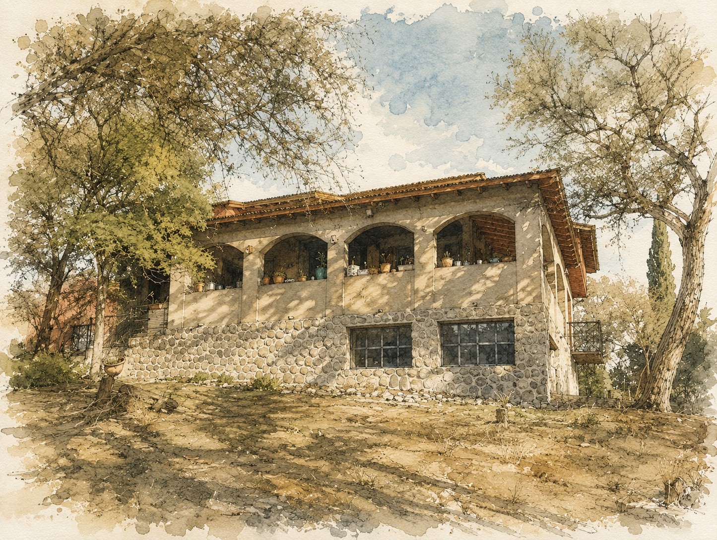 Casona principal de Cienaguas, construcción de piedra con galería de arcos, entre árboles y sierras.