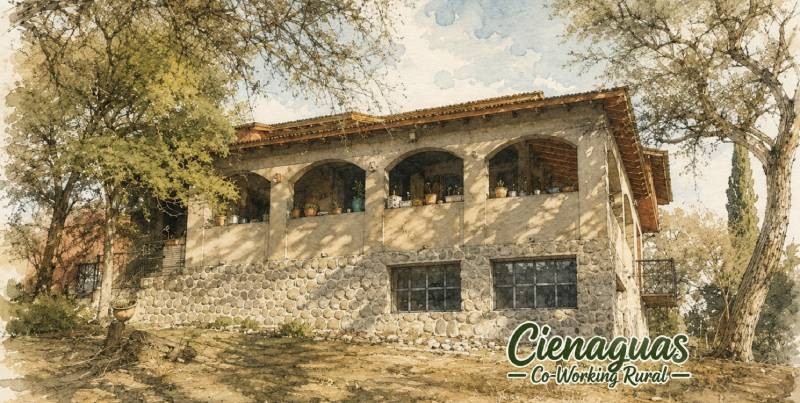 Detalle de la galería de piedra de la casona principal de Cienaguas.